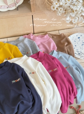 Spring韩国童装2025秋季新款亲子彩色刺绣半高领打底衫女童针织衫