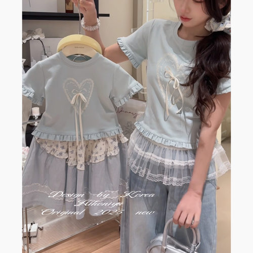 Spring韩国童装2025春夏季新款亲子款韩版爱心短袖女童圆领T恤衫