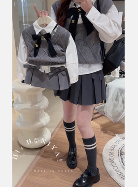 Spring韩国童装2024春款韩版学院风灰色菱形格亲子装毛衣马甲套装