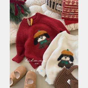 Spring韩国童装2025冬季新款亲子圣诞小狗提花减龄毛衣女童针织衫