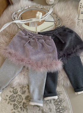 Spring韩国童装2024冬季宝宝款假两件毛毛加绒保暖裙裤女童打底裤