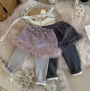 Spring韩国童装2024冬季宝宝款假两件毛毛加绒保暖裙裤女童打底裤