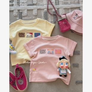 女童T恤 亲子少女猫咪贴布绣韩系短袖 Spring韩国童装 2026春夏新款