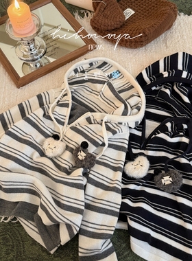 Spring韩国童装2025秋冬新款亲子条纹撞色针织衫女童连帽毛衣外套