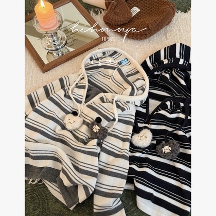 Spring韩国童装2025秋冬新款亲子条纹撞色针织衫女童连帽毛衣外套