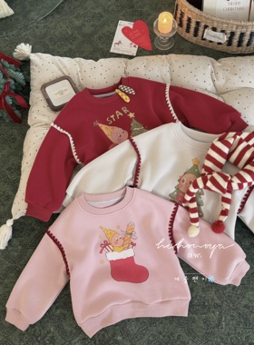 Spring韩国童装2025年冬季新款宝宝卡通圣诞加绒卫衣女童保暖T恤