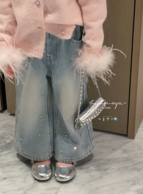 Spring韩国童装2026年冬季新款亲子烫钻牛仔喇叭裤女童加绒休闲裤