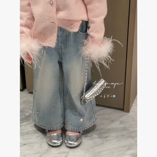 Spring韩国童装2026年冬季新款亲子烫钻牛仔喇叭裤女童加绒休闲裤