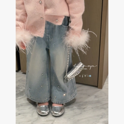 Spring韩国童装2026年冬季新款亲子烫钻牛仔喇叭裤女童加绒休闲裤