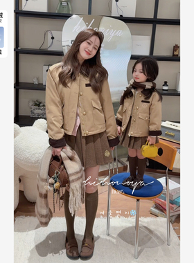 Spring韩国童装2025秋冬新款亲子复古风羽绒服女童学院风保暖外套