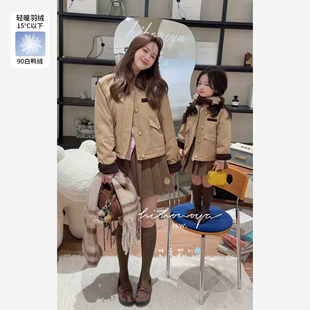 Spring韩国童装2025秋冬新款亲子复古风羽绒服女童学院风保暖外套