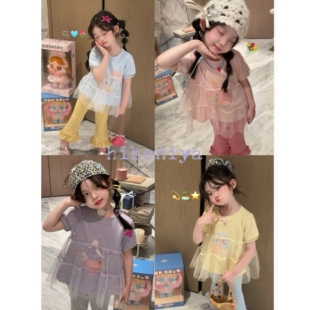 Spring韩国童装 新款 宝宝卡通洋气拼接网纱短袖 女童T恤 2026年夏季