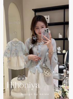 Spring韩国童装2025夏季儿童小鹿刺绣国风阔腿裤亲子套装新中式风