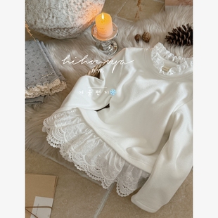 Spring韩国童装2025年冬季新款亲子蕾丝花边领羊毛打底衫女童上衣
