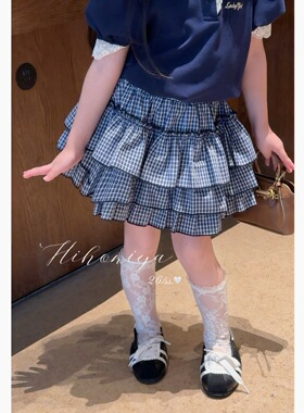 Spring韩国童装2026夏季新款亲子甜美藏青格子学院蛋糕裙女童裙裤