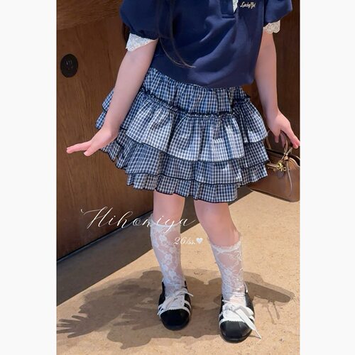 Spring韩国童装2026夏季新款亲子甜美藏青格子学院蛋糕裙女童裙裤