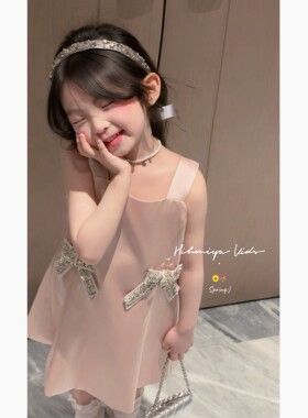 Spring韩国童装2026年夏季新款宝宝粉色缎面亮钻连衣裙女童背心裙