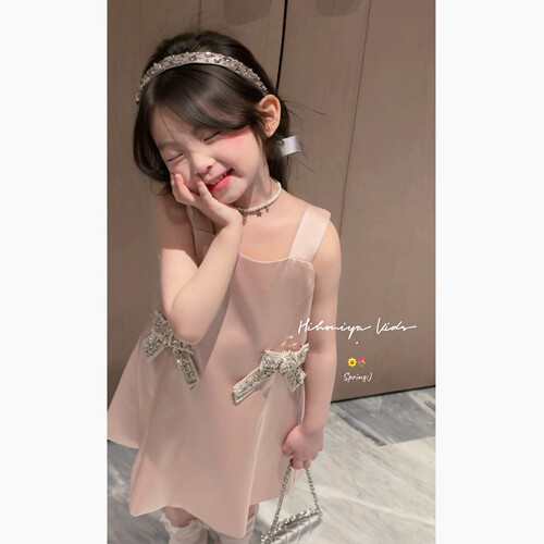 Spring韩国童装2026年夏季新款宝宝粉色缎面亮钻连衣裙女童背心裙