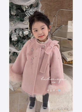 Spring韩国童装2025冬季新款宝宝粉色澳洲羊毛双面呢大衣女童外套