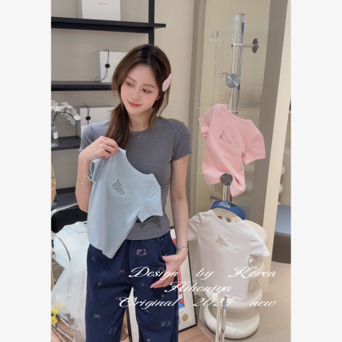 Spring韩国童装2025年夏季新款亲子网纱镂空Kitty甜美短袖女童T恤