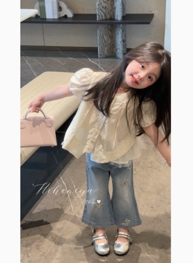 Spring韩国童装2026夏季新款宝宝甜美拼接泡泡袖刺绣上衣女童罩衫