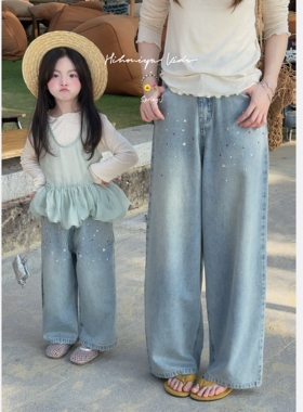 Spring韩国童装2026年春季新款亲子烫钻直筒宽松牛仔裤女童休闲裤