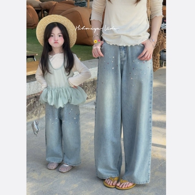 Spring韩国童装2026年春季新款亲子烫钻直筒宽松牛仔裤女童休闲裤