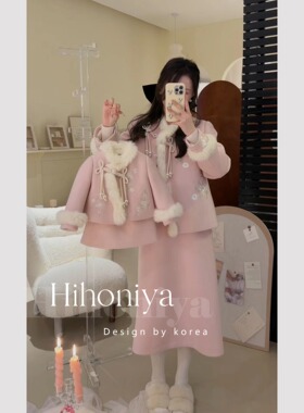 Spring韩国童装 粉色盘扣刺绣国风亲子外套母女半裙宝宝时髦套装