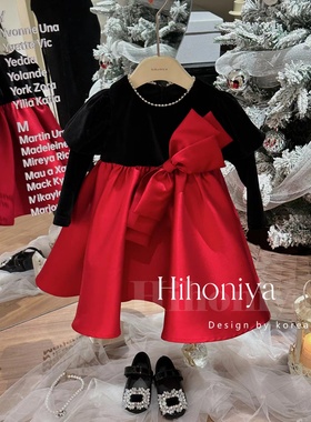 Spring韩国童装 女童丝绒拼接红色大蝴蝶结礼服儿童珍珠领连衣裙