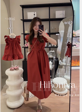 Spring韩国童装2024夏季新款红色简约系带亲子连衣裙韩版时尚甜美