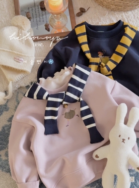 Spring韩国童装2025年冬季新款亲子条纹加绒加厚卫衣女童保暖T恤