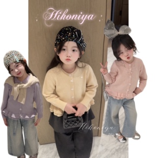 女童针织衫 Spring韩国童装 亲子纯色荷叶花边混纺开衫 新款 2026春季