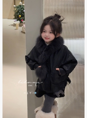 Spring韩国童装2025年冬季新款亲子皮衣狐狸毛羽绒服女童保暖外套