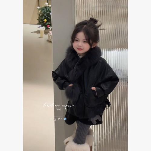 Spring韩国童装2025年冬季新款亲子皮衣狐狸毛羽绒服女童保暖外套