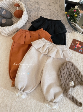 Spring韩国童装2025冬季新款亲子荷叶边530g加绒羊毛裤女童休闲裤