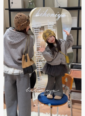 Spring韩国童装2025年秋冬新款亲子镂空钩花毛衣女童连帽针织外套