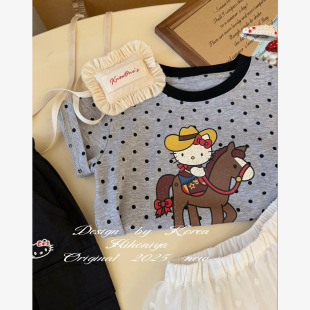 短袖 Spring韩国童装 波点Kitty韩版 亲子款 女童宽松T恤 2025年春夏季