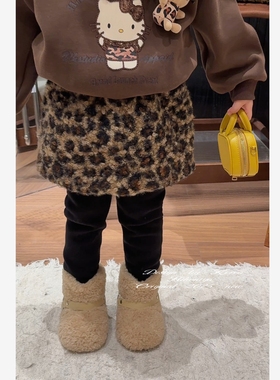 Spring韩国童装2025秋冬新款宝宝豹纹毛毛可爱裙裤女童加绒打底裤