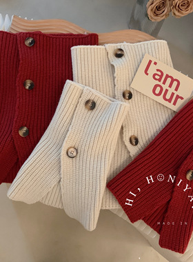 Spring韩国童装亲子2022秋冬季新品红色s杏色纽扣围脖
