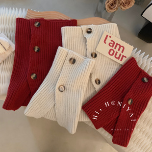 红色s杏色纽扣围脖 新品 Spring韩国童装 亲子2022秋冬季
