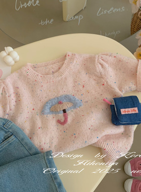 Spring韩国童装2025年春季亲子款绣花韩版短袖毛衣女童圆领套头衫