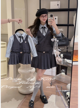 Spring韩国童装2025春季亲子款假两件学院风韩版连衣裙女童衬衫裙