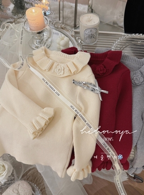 Spring韩国童装2025年冬季新款宝宝纯色荷叶领打底毛衣女童针织衫