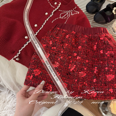 Spring韩国童装2024年冬季亲子款亮片高级气质韩版短裙女童半身裙