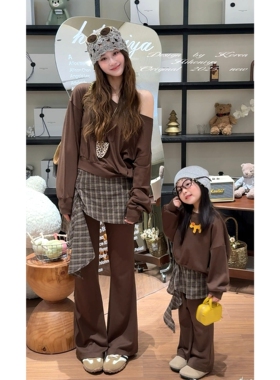 Spring韩国童装2025秋季新款亲子格子拼接长袖卫衣套装女童两件套