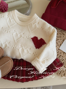 Spring韩国童装2024冬季亲子款圆领保暖圣诞爱心毛衣女童长袖毛衫