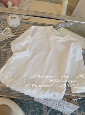 Spring韩国童装2024秋季新款百搭蕾丝花边纯色打底T恤韩版亲子款