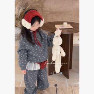 Spring韩国童装2025冬季新款宝宝碎花卫衣加绒套装女童裤子两件套