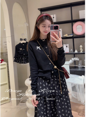 Spring韩国童装秋季蝴蝶结开衫母女上衣长袖外套半身裙套装亲子装