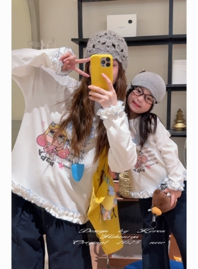 Spring韩国童装2025年秋季新款亲子烫钻花边长袖T恤女童圆领卫衣